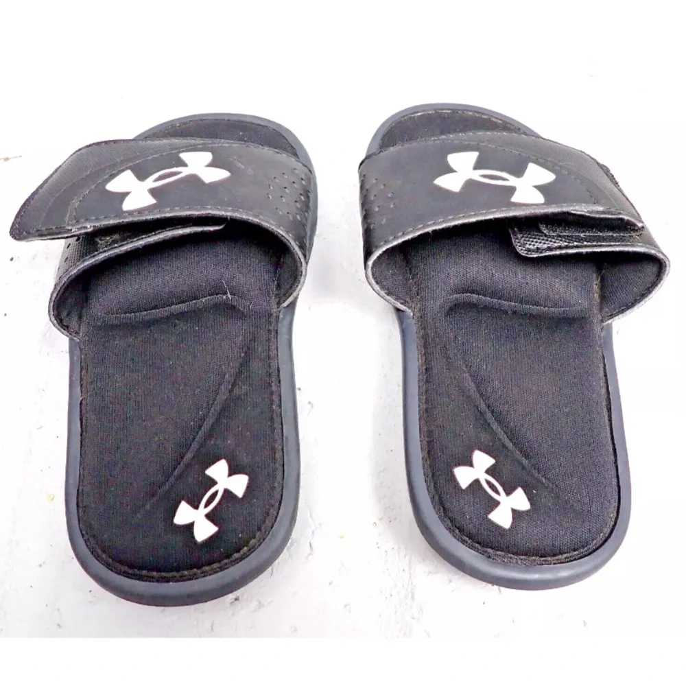 Under Armour Slides Kids Black White Logo Sandals Slip On